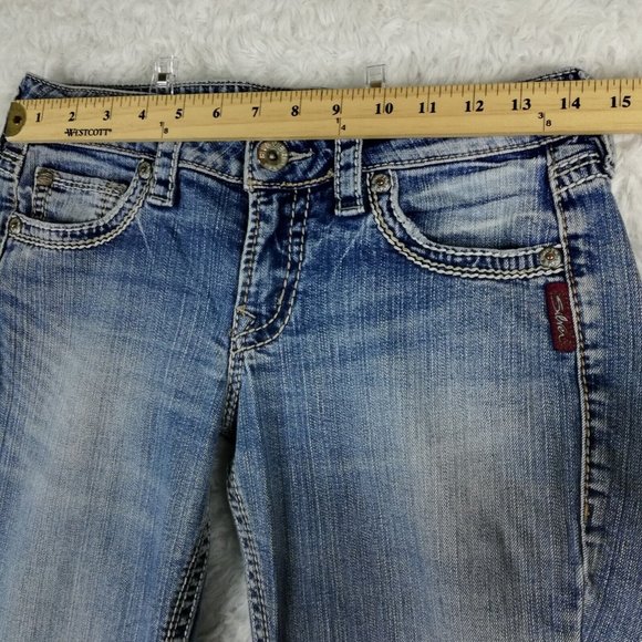 Silver Womens Jeans Eden Flare Blue Denim Light Wash Low Rise Embroidered 29 - Picture 8 of 15